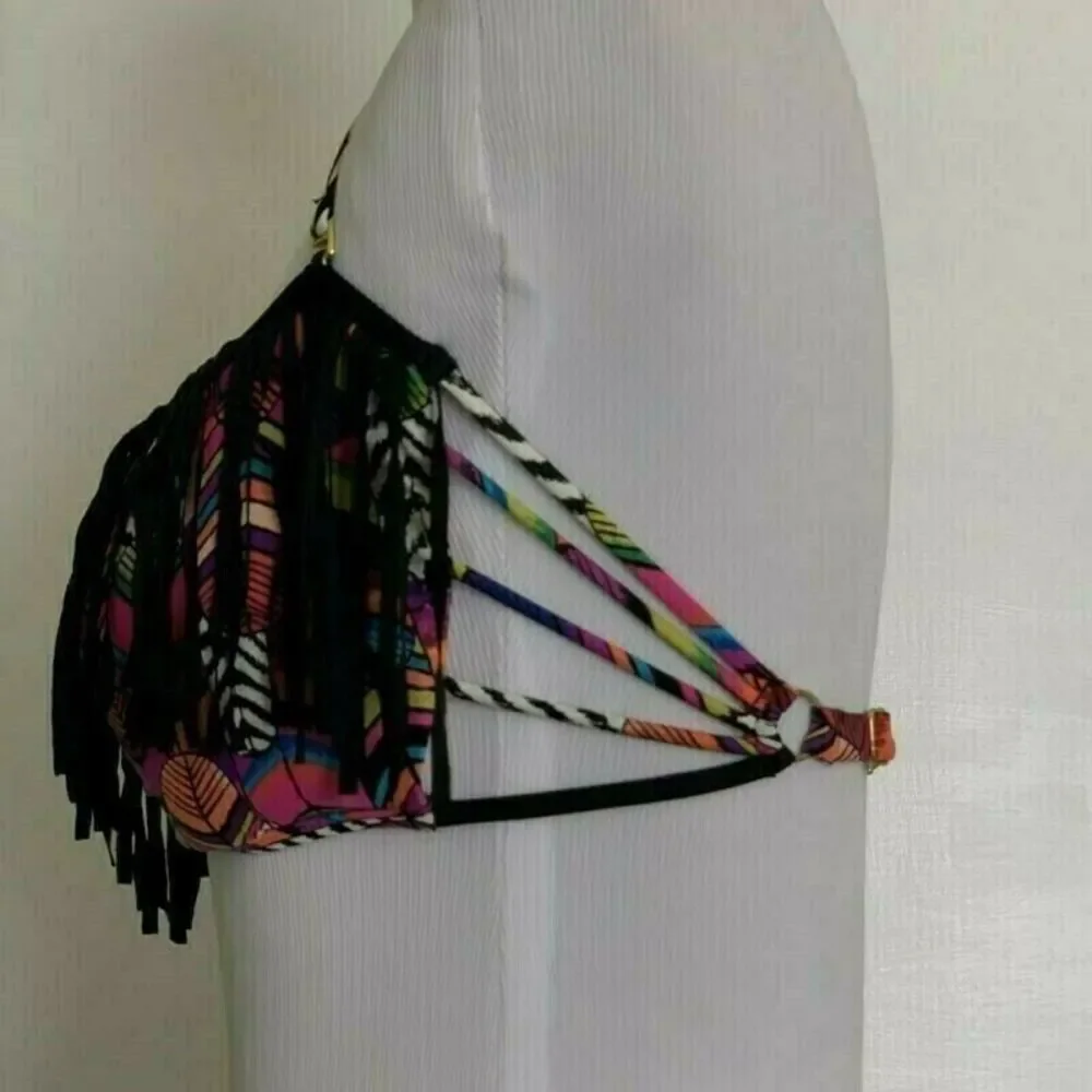 B.SWIM Los Angeles Boutique Bandeau Fringe Halter Bikini Top D Cup Summer L
